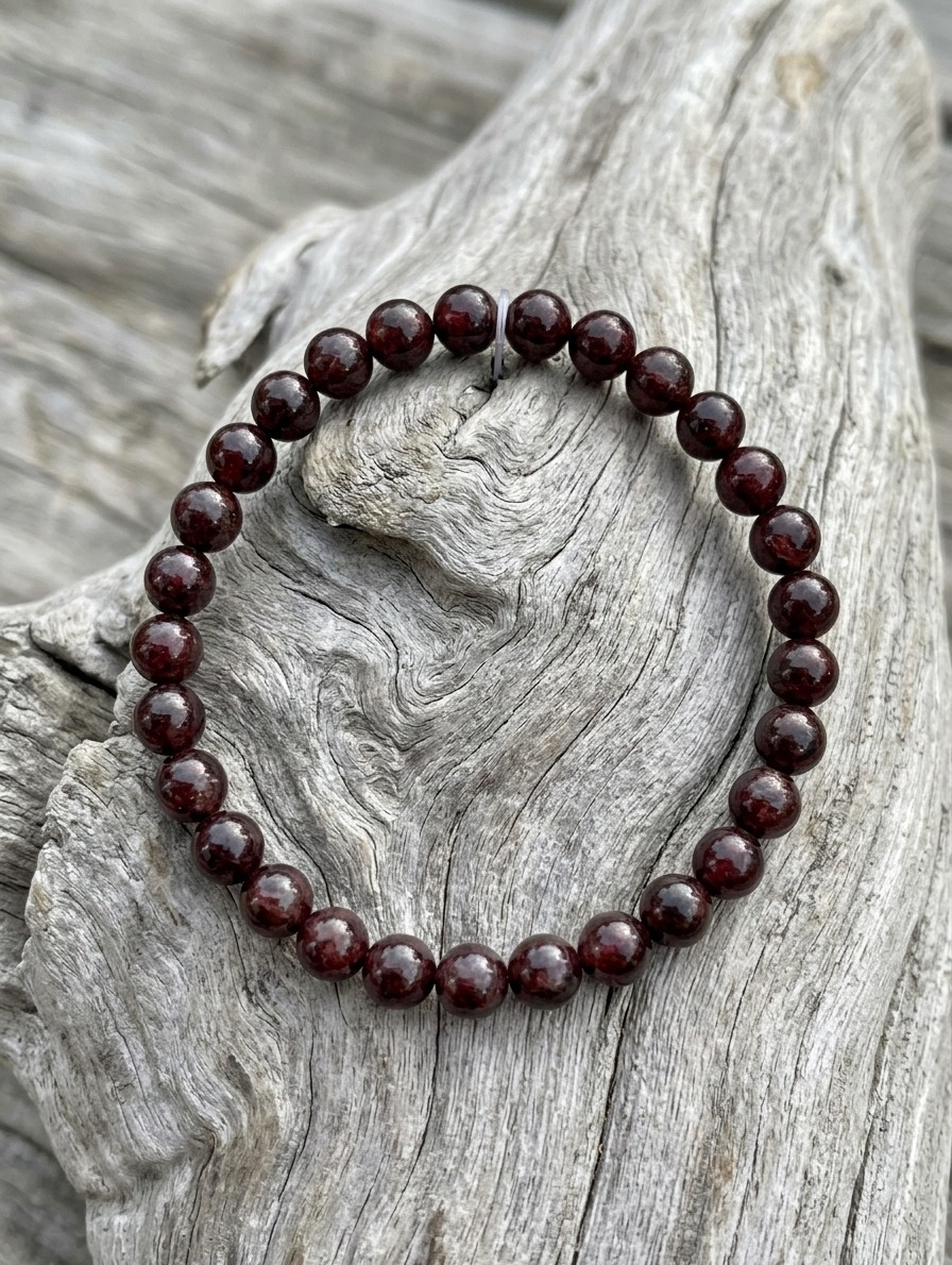 Bracelet en pierres rondes sur bois de grève Ce bracelet présente une enfilade de perles de pierres rondes et lisses, d'une couleur rouge bordeaux profond et intense. Il est posé sur un morceau de bois de grève, dont la surface est usée et patinée, de couleur gris clair, avec un veinage marqué.