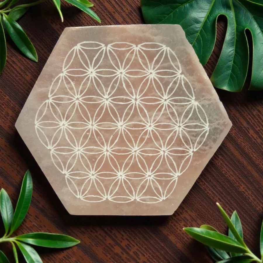 plaque fleur de vie forme hexagonale gravure fleur de vie blanche pierre naturelle blanche avec transparence