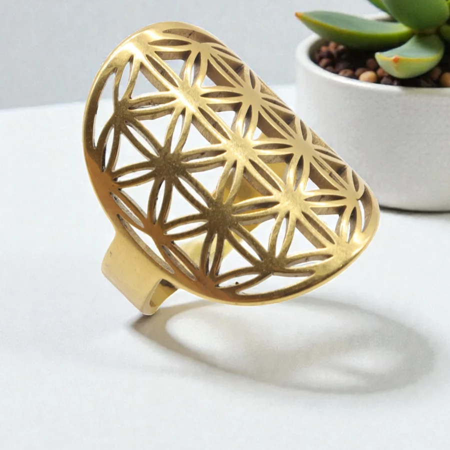 Bague Fleur de Vie inox plaquée Or Réglable