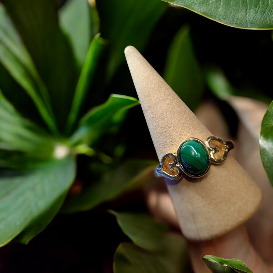 Bague Malachite Argent 925 Plaqué Or Réglable