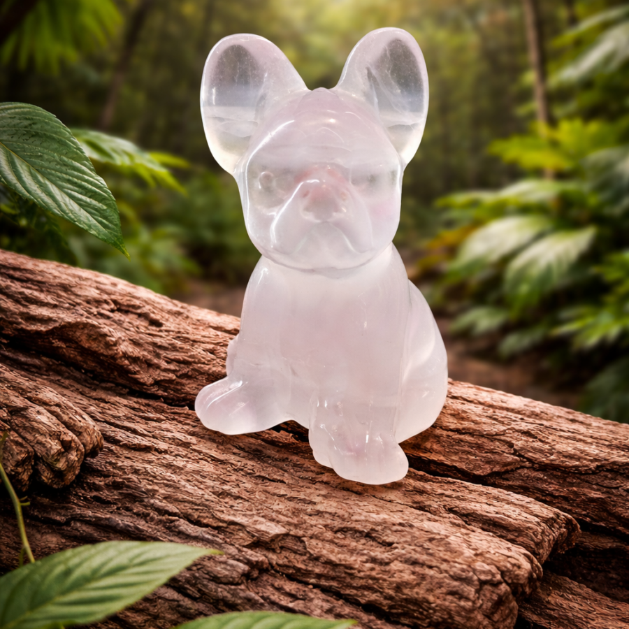 Une petite figurine de chien, sculptée dans une pierre blanche translucide, est placée au centre de l’image. Elle est assise sur un morceau de bois flotté aux textures rugueuses. Autour, on distingue des feuilles vertes floues évoquant une ambiance tropicale. L’arrière-plan est doux et flou, mettant en valeur la figurine. La lumière naturelle fait ressortir la transparence et les détails du chien.