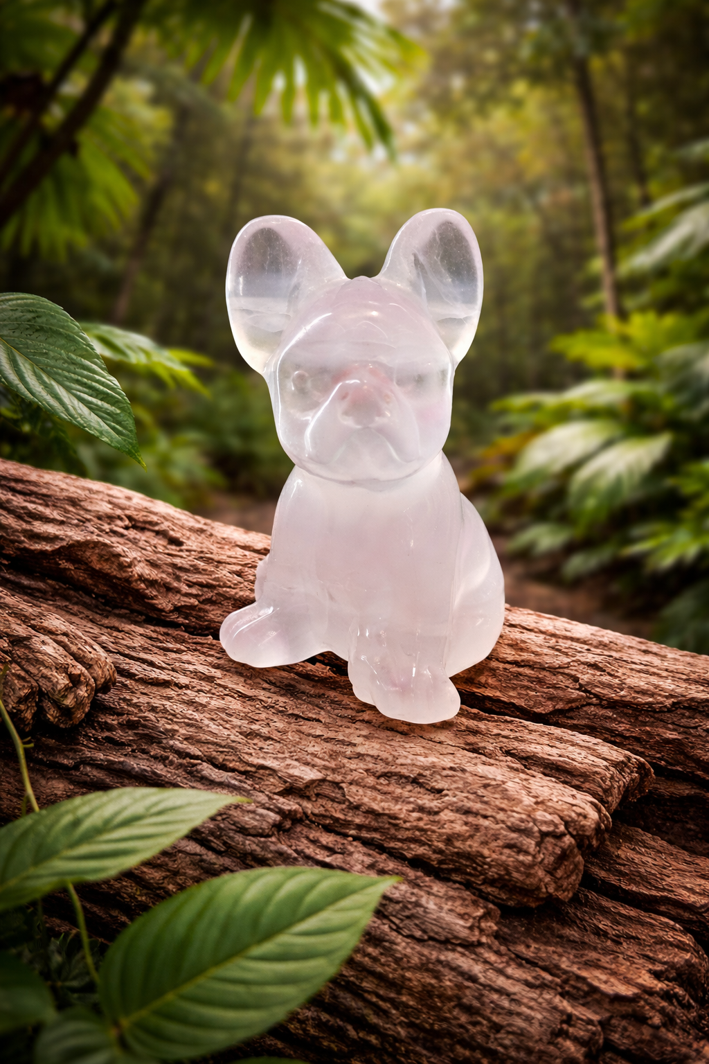 Une petite figurine de chien, sculptée dans une pierre blanche translucide, est placée au centre de l’image. Elle est assise sur un morceau de bois flotté aux textures rugueuses. Autour, on distingue des feuilles vertes floues évoquant une ambiance tropicale. L’arrière-plan est doux et flou, mettant en valeur la figurine. La lumière naturelle fait ressortir la transparence et les détails du chien.