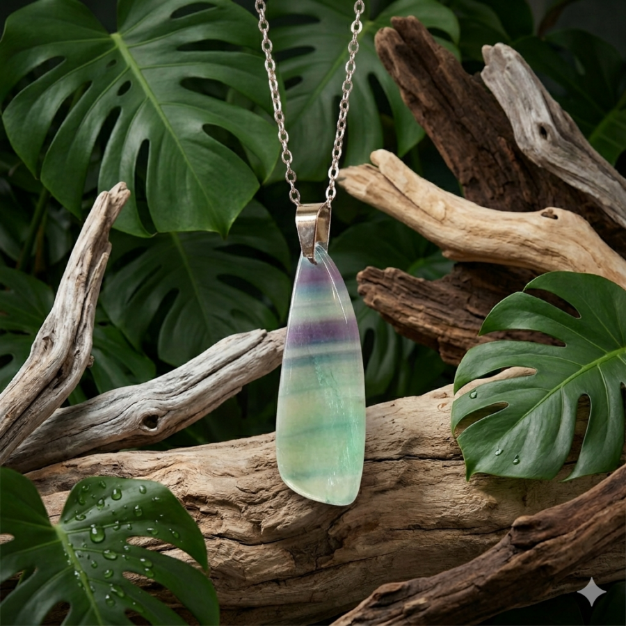 Un gros plan vertical et bien éclairé montre un pendentif en fluorite multicolore, en forme de goutte, qui passe doucement du vert translucide en bas au violet en haut. Le pendentif est relié à une chaîne en argent délicate par un bélière en or poli, avec des reflets subtils provenant de la lumière. Il repose sur un lit de bois flotté texturé et est encadré par des feuilles de monstera vert vif, avec des perles d'eau sur les feuilles du premier plan.