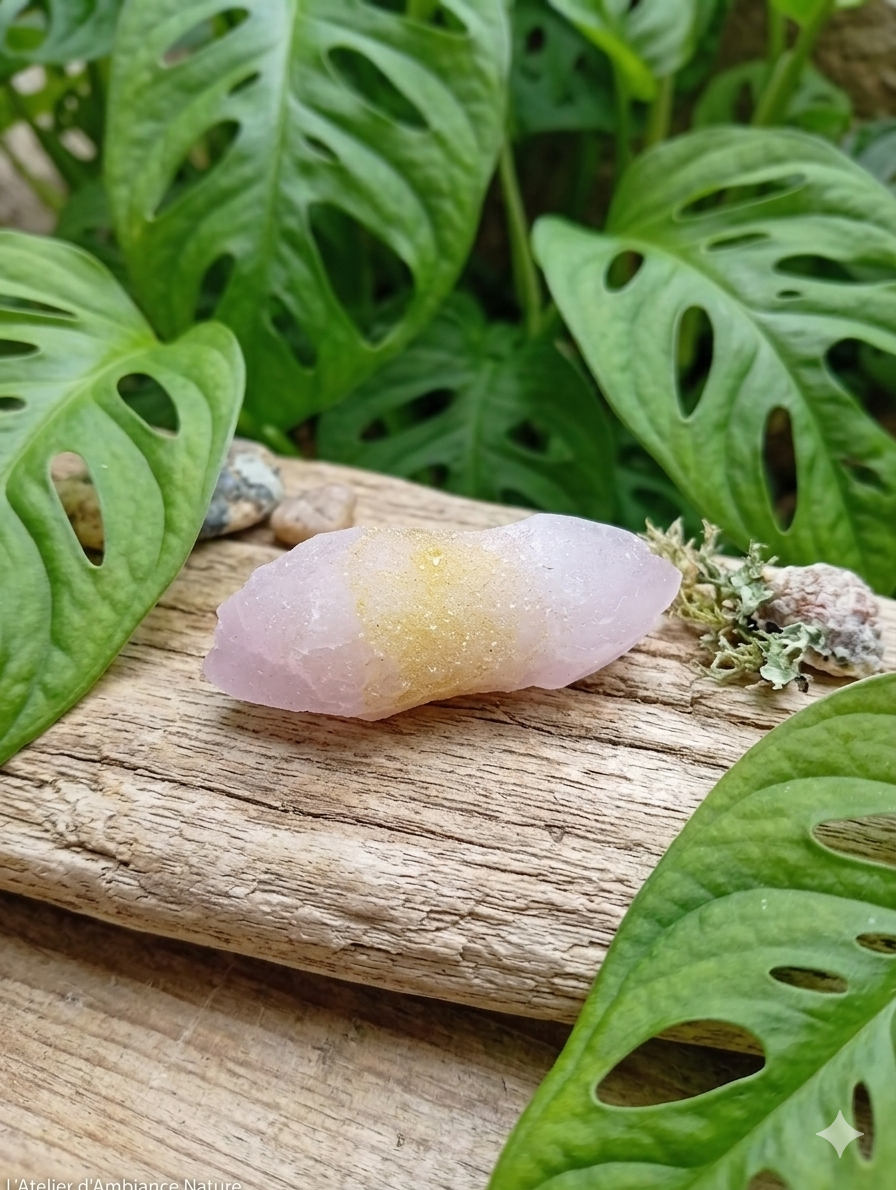 Une pièce de quartz rose cristallisé est posée au centre, sur un morceau de bois flotté clair et texturé. La pierre a une forme naturelle irrégulière, semblable à un petit chou-fleur, avec une couleur rose pêche doux et une surface scintillante composée de multiples petits cristaux. Autour de la pierre, sur le bois, on trouve quelques petits éléments naturels décoratifs : des galets lisses gris et beiges, une petite coquille d'escargot striée et un brin de mousse séchée. En arrière-plan, de grandes feuilles de Monstera d'un vert vif encadrent la scène, apportant une ambiance végétale et naturelle. La lumière est douce et uniforme.