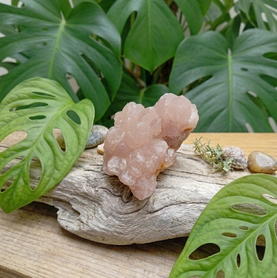 Une pièce de quartz rose cristallisé est posée au centre, sur un morceau de bois flotté clair et texturé. La pierre a une forme naturelle irrégulière, semblable à un petit chou-fleur, avec une couleur rose pêche doux et une surface scintillante composée de multiples petits cristaux.