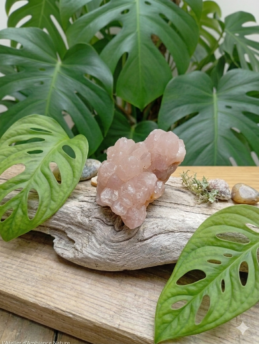 Une pièce de quartz rose cristallisé est posée au centre, sur un morceau de bois flotté clair et texturé. La pierre a une forme naturelle irrégulière, semblable à un petit chou-fleur, avec une couleur rose pêche doux et une surface scintillante composée de multiples petits cristaux.