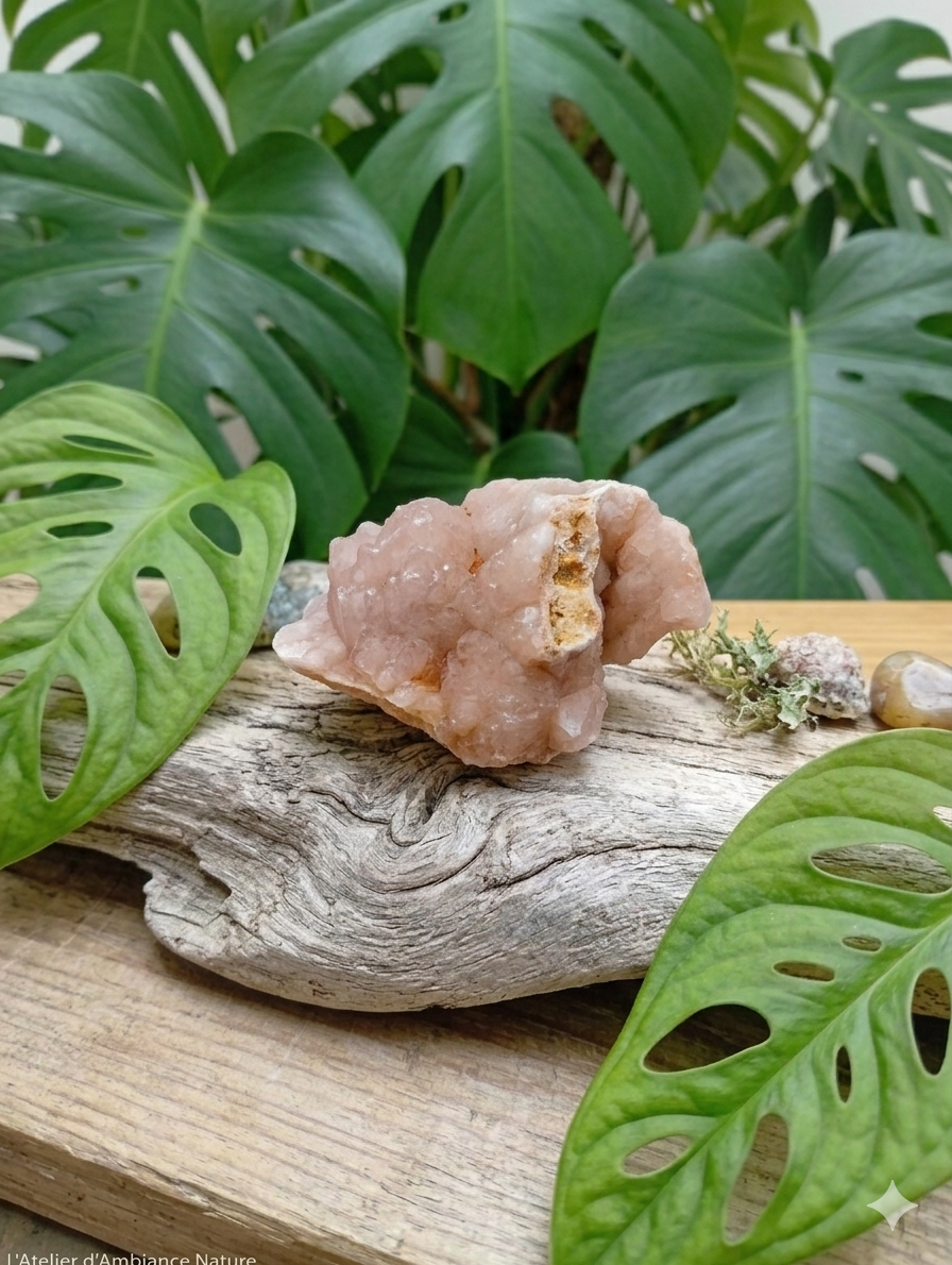 Une pièce de quartz rose cristallisé est posée au centre, sur un morceau de bois flotté clair et texturé. La pierre a une forme naturelle irrégulière, semblable à un petit chou-fleur, avec une couleur rose pêche doux et une surface scintillante composée de multiples petits cristaux.
