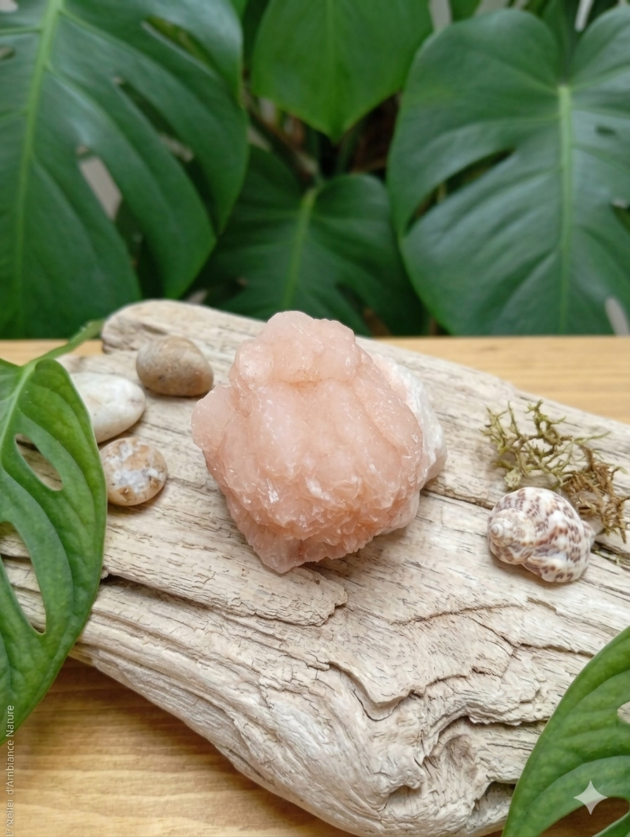 Une pièce de quartz rose cristallisé est posée au centre, sur un morceau de bois flotté clair et texturé. La pierre a une forme naturelle irrégulière, semblable à un petit chou-fleur, avec une couleur rose pêche doux et une surface scintillante composée de multiples petits cristaux.