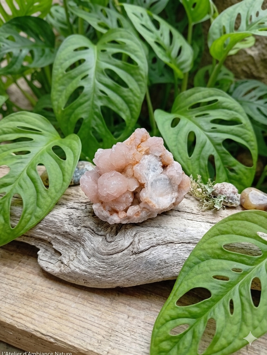 Une pièce de quartz rose cristallisé est posée au centre, sur un morceau de bois flotté clair et texturé. La pierre a une forme naturelle irrégulière, semblable à un petit chou-fleur, avec une couleur rose pêche doux et une surface scintillante composée de multiples petits cristaux.