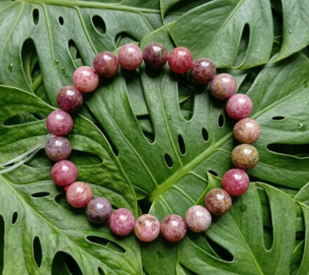 Ce bracelet est formé de perles rondes aux nuances pourpre, offrant une esthétique riche et organique. Les pierres polies sont disposées sur un tapis de feuilles de Monstera vert émeraude, créant un contraste profond et naturel. L'ensemble évoque une harmonie végétale et minérale aux tons automnaux.