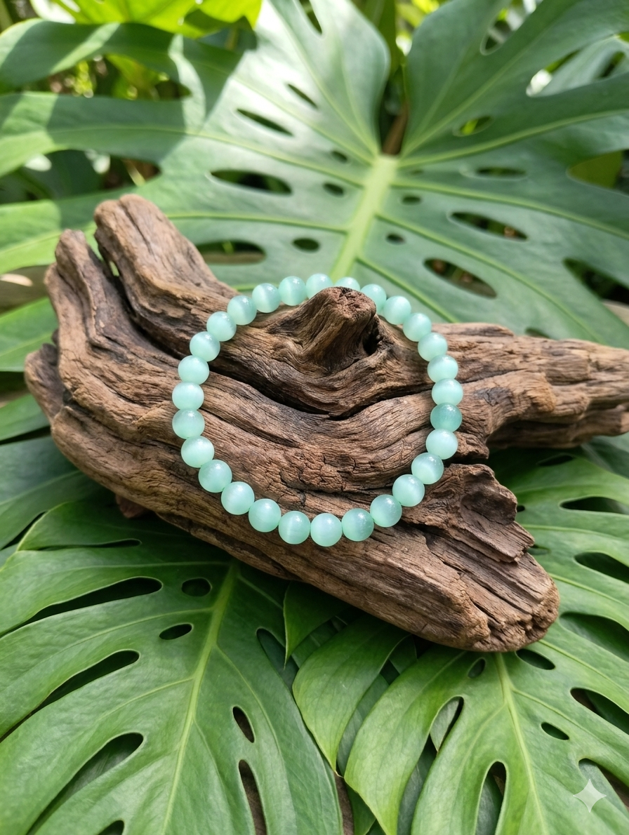 Un bracelet de perles rondes vert pâle et brillantes est posé sur un morceau de bois flotté texturé. Le tout repose sur de grandes feuilles de monstera d'un vert vif, créant un décor naturel et harmonieux.