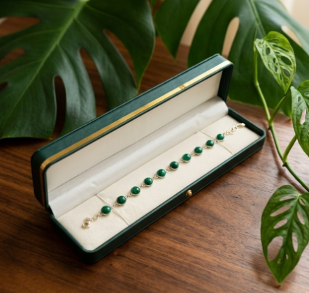 Un bracelet élégant composé de cabochons de malachite verte aux motifs rubanés, sertis sur une monture en argent. Il est présenté dans un luxueux écrin vert sombre ouvert, posé sur une table en bois précieux. L'arrière-plan est décoré de grandes feuilles de Monstera, créant une ambiance chic et naturelle.