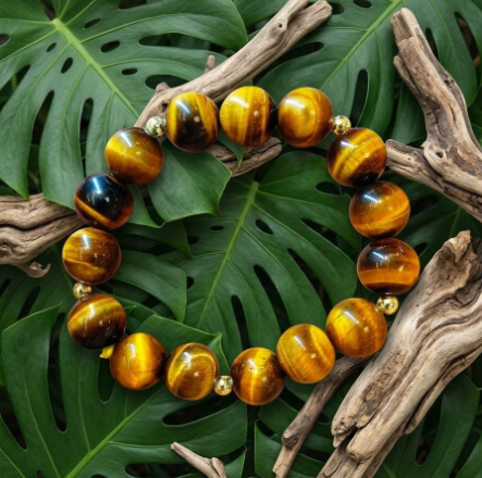 L'image présente un bracelet en œil-de-tigre posé sur un décor naturel. Le bracelet, il est composé de grosses perles sphériques et polies, aux reflets chatoyants allant du jaune doré au marron sombre. De petites perles dorées sont intercalées entre les perles de pierre. Le décor, le bracelet repose sur un assemblage de bois flotté aux tons gris clair et beige, dont les textures sont rugueuses et noueuses. L'arrière-plan : Le tout est disposé sur de larges feuilles de Monstera d'un vert profond, caractérisées par leurs découpes naturelles typiques. L'ambiance générale est organique et zen, mettant en valeur les contrastes entre le brillant des pierres et l'aspect mat du bois et du feuillage.