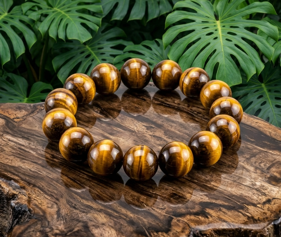 Gros plan sur un bracelet composé de perles sphériques d'œil de tigre de haute qualité. Les perles sont lisses, extrêmement brillantes, et révèlent de profonds reflets chatoyants aux tons dorés, bruns et cuivrés. Le bijou est posé à plat sur un épais morceau de bois sombre très poli, dont la surface agit comme un miroir et reflète les perles. En arrière-plan, de grandes feuilles de Monstera d'un vert vif et profond encadrent le bracelet, créant un contraste naturel qui fait ressortir l'éclat et la chaleur des pierres.
