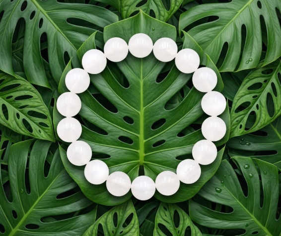 Un bracelet circulaire composé de perles rondes et lisses de péristérite, d'un blanc pur et opaque, est posé à plat au centre. Il repose sur un lit dense de feuilles de Monstera vert foncé, dont les formes découpées et les veines sont nettement visibles. L'image est une vue de dessus, propre et nette, sans distractions.