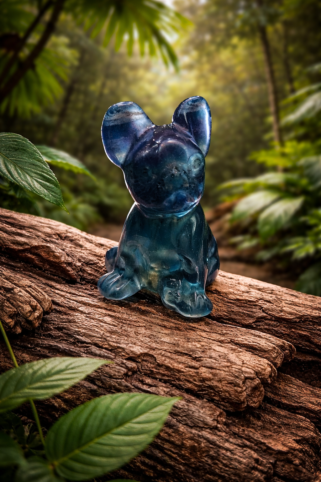 Une petite figurine de chien en pierre bleue translucide est placée au centre de l’image. Elle est assise sur un morceau de bois flotté aux textures rugueuses. Autour, on distingue des feuilles vertes floues évoquant une ambiance tropicale. L’arrière-plan est doux et lumineux, avec un effet de profondeur. La lumière met en valeur les reflets et les nuances bleutées de la pierre.