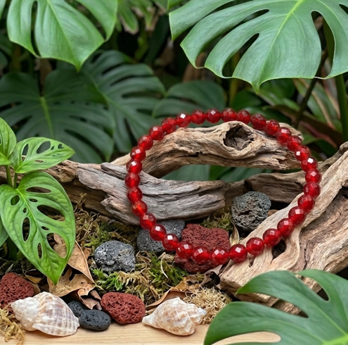 Un bracelet composé de perles facettées d'un rouge carmin intense est posé sur une branche de bois flotté grisâtre. Le décor naturel comprend de la mousse verte, des pierres volcaniques noires et rouges, ainsi que deux petits coquillages blancs. En arrière-plan, de grandes feuilles de Monstera vert vif aux découpes graphiques créent une ambiance de jungle tropicale. Le tout repose sur un socle en bois clair, avec un petit logo "Montserrat" en bas à gauche.