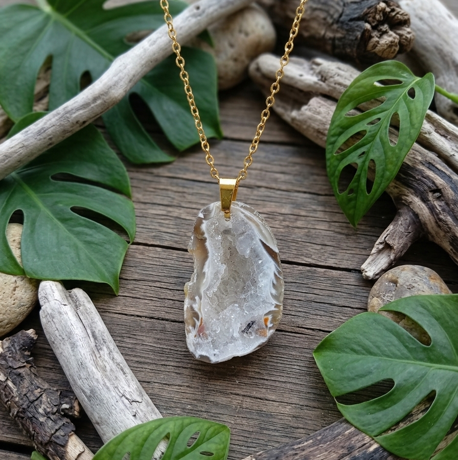 Un pendentif en géode d'agate cristallisée, translucide et scintillante, est suspendu à une fine chaîne dorée. Il repose sur un décor naturel composé de bois flotté gris et de feuilles de Monstera vert vif sur un plateau en bois sombre. L’ensemble offre un contraste élégant entre l’éclat minéral et les textures organiques.