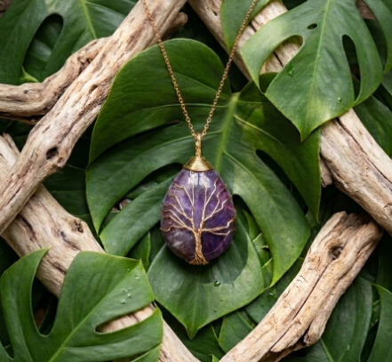 Pendentif en améthyste violette taillé en goutte, enveloppé d'un délicat fil doré formant un arbre de vie. Le bijou est suspendu à une fine chaîne dorée et repose sur de larges feuilles de Monstera vert sombre. Des morceaux de bois flotté clair entourent la pierre, créant un contraste naturel et apaisant. L'ensemble est baigné d'une lumière douce qui souligne les reflets dorés et la profondeur de la pierre.