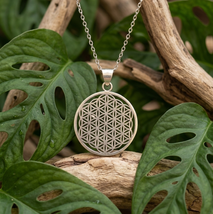 Un pendentif argenté de la Fleur de Vie, orné de motifs géométriques complexes, est suspendu au centre de l'image. Il est encadré par de grandes feuilles de Monstera verte perforées et des branches de bois flotté texturées, créant une atmosphère naturelle.