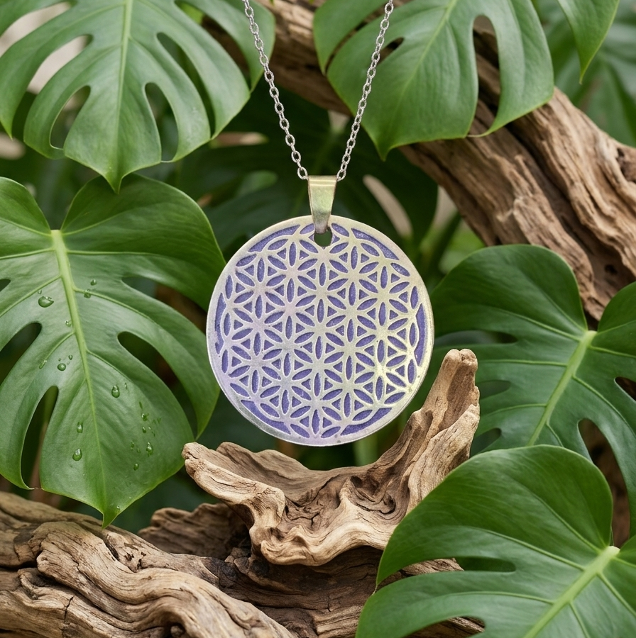 Un pendentif argenté rond, ciselé du motif de la Fleur de vie sur fond violet, est suspendu au centre par une chaîne à maillons fins. Il est encadré par de grandes feuilles de Monstera verte parsemées de gouttelettes d'eau et repose devant des branches de bois flotté texturées et noueuses.