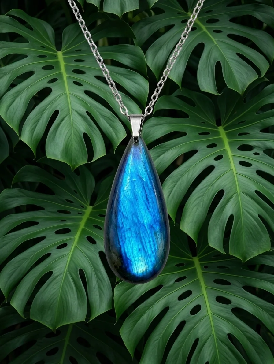 Un pendentif en forme de larme d'un bleu électrique brillant est suspendu au centre d'une composition végétale. Il est entouré de grandes feuilles de monstera et de fougères vert foncé, avec des accents de doré. L'ensemble dégage une ambiance élégante et naturelle sur un fond noir profond.