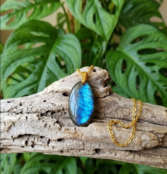 Cette image montre un pendentif en labradorite bleue ovale, de couleur bleu vif avec des reflets irisés, suspendu au bout d'une fine chaîne dorée. Le bijou est délicatement posé sur un morceau de bois flotté gris et texturé, avec une autre section de la chaîne enroulée à ses côtés. En arrière-plan, on aperçoit une plante verte luxuriante de type Monstera adansonii, avec ses feuilles percées de trous caractéristiques.