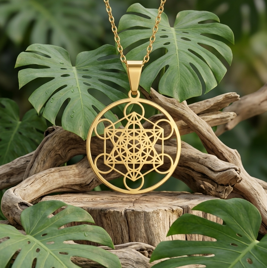 Ce gros plan présente un pendentif doré du Cube de Métatron, à la géométrie complexe, suspendu au centre d'un décor naturel. Il repose devant des racines de bois flotté et de larges feuilles de Monstera parsemées de rosée. L'ensemble dégage une atmosphère sereine, mêlant précision métallique et douceur organique