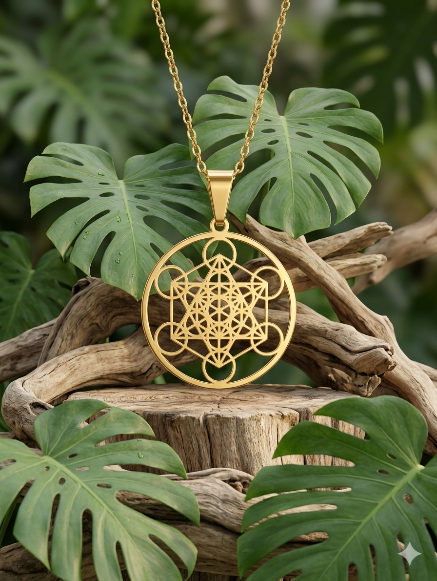 Ce gros plan présente un pendentif doré du Cube de Métatron, à la géométrie complexe, suspendu au centre d'un décor naturel. Il repose devant des racines de bois flotté et de larges feuilles de Monstera parsemées de rosée. L'ensemble dégage une atmosphère sereine, mêlant précision métallique et douceur organique