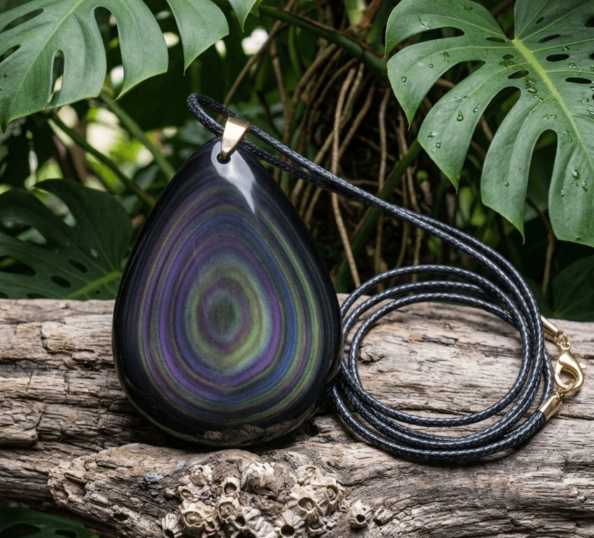 Cette image présente un pendentif en pierre d'obsidienne œil céleste, de forme ovale et aux nuances de violet, vert et bleu, au centre. La pierre est fixée par une bélière dorée à un cordon en tissu noir et torsadé, posé sur une branche de bois mort texturé avec des bernacles. Le pendentif et le cordon sont entourés d'un feuillage luxuriant de plantes Monstera.