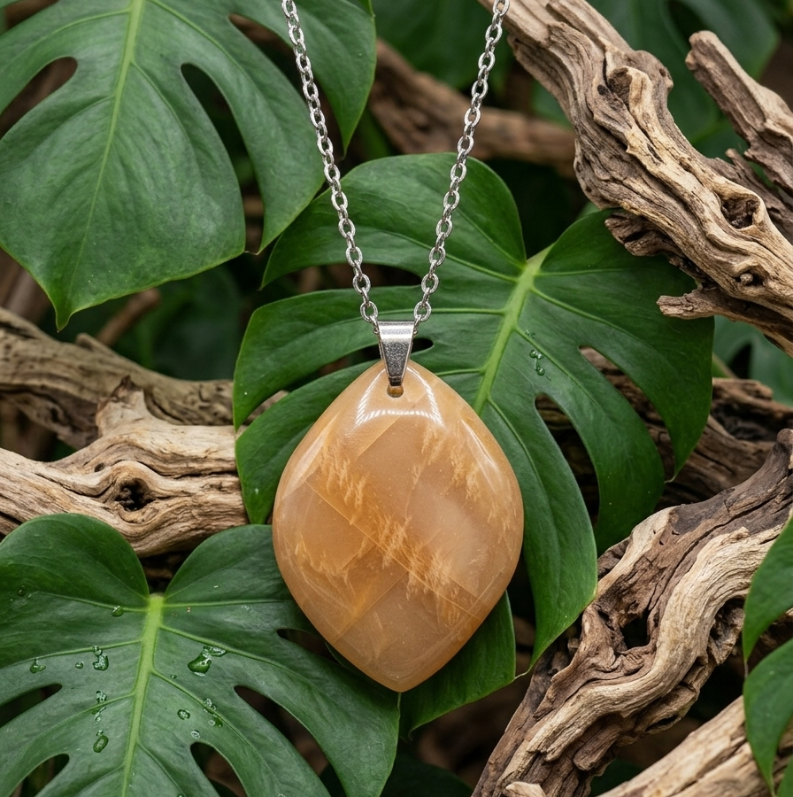 Un gros plan centré montre un grand pendentif en pierre de soleil facettée, de couleur orange doré et en forme de diamant, suspendu à une fine chaîne en argent. La gemme repose directement sur de grandes feuilles de Monstera vert foncé parsemées de gouttelettes d'eau. La scène est encadrée par du bois flotté texturé et torsadé, créant une ambiance naturelle