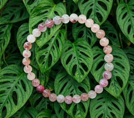 Ce bracelet circulaire est composé de perles de rhodonite sur quartz translucides aux délicates nuances rose poudré et framboise, créant un dégradé doux et lumineux. Les pierres lisses et brillantes sont délicatement posées à plat sur un lit de feuilles de Monstera d'un vert profond, offrant un contraste rafraîchissant. L'ensemble dégage une atmosphère naturelle, apaisante et élégante.