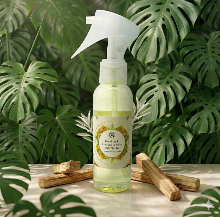 Photo au format carré d'un flacon spray de 100mL sur un fond de feuilles de Monstera vert vif. Le flacon contient un liquide limpide. L'étiquette présente des motifs mandalas dorés et l'inscription " Spray Agua de Florida - Palo Santo". Des morceaux de bois de Palo Santo brut sont disposés au premier plan sur une surface en marbre clair.