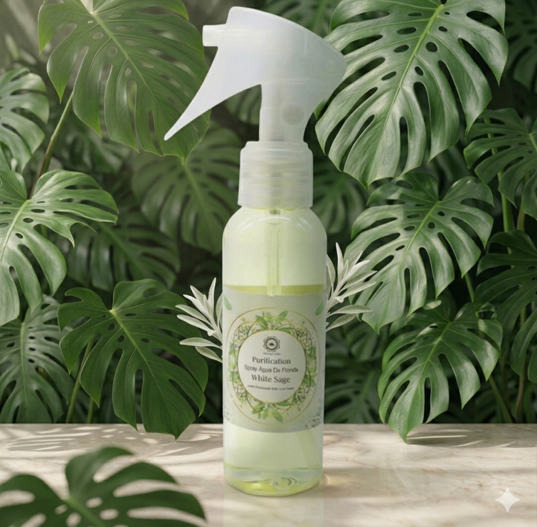 Flacon pulvérisateur transparent de 100ml contenant un liquide jaune très clair. L'étiquette blanche est ornée d'une couronne de feuilles de sauge vertes et dorées entourant le texte "Purification Spray White Sage". Le bouchon spray est en plastique blanc opaque avec une gâchette ergonomique.