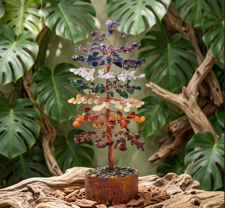 Un arbre de vie aux sept étages de pierres colorées s'élève sur un socle cylindrique en bois rustique. Le tronc en fil de cuivre torsadé supporte des branches horizontales chargées de cristaux violets, bleus, blancs, verts, jaunes, oranges et rouges. L'ensemble est mis en valeur dans un décor naturel composé de bois flotté sculptural et de grandes feuilles vertes de Monstera.