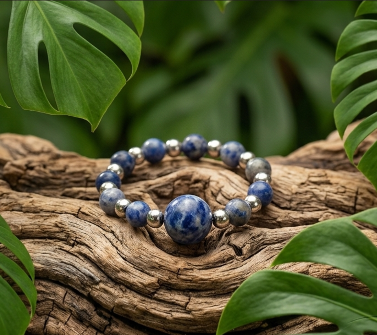 une bague perlée repose sur une surface de bois flotté très texturée. Elle est composée de perles rondes en sodalite bleue tachetée, alternant avec de petites billes en hématite argentée. Le décor est entouré de grandes feuilles de Monstera vertes et vibrantes, créant une ambiance naturelle et organique.
