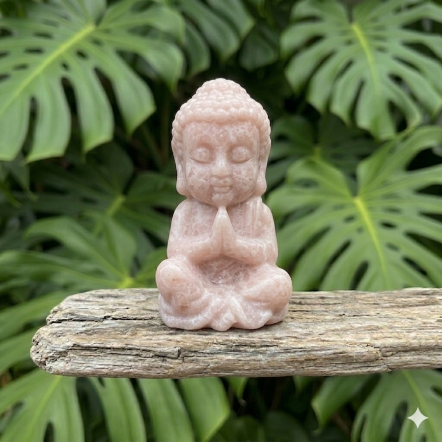 Une statuette en opale rose représentant un Bouddha assis en méditation, mains jointes devant la poitrine, posée sur une planche de bois flotté devant un feuillage vert.