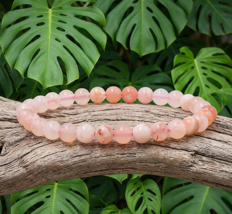 Bracelet en perles de quartz rose pâle posé sur un tronc de bois flotté texturé. L'ensemble est mis en valeur par un arrière-plan dense de grandes feuilles vertes de Monstera.