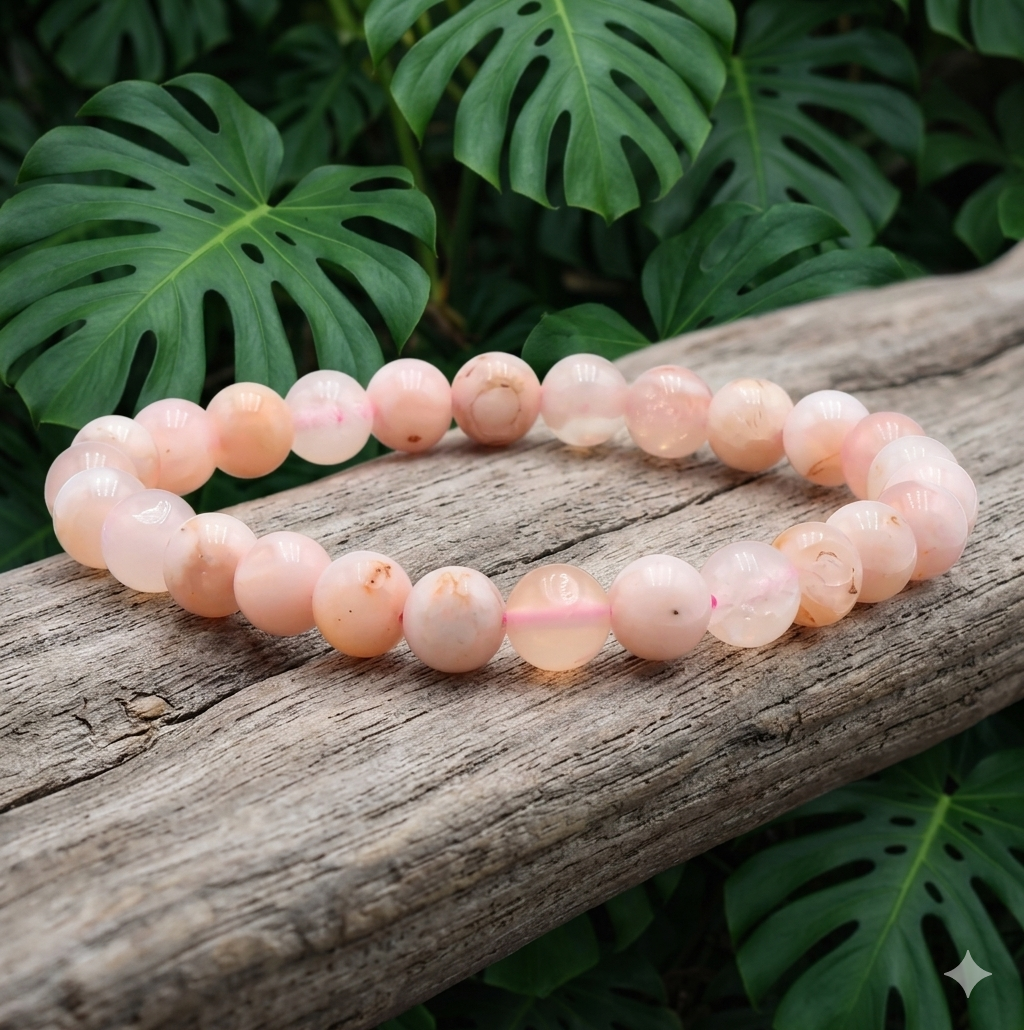 Bracelet en perles de quartz rose pâle posé sur un tronc de bois flotté texturé. L'ensemble est mis en valeur par un arrière-plan dense de grandes feuilles vertes de Monstera.