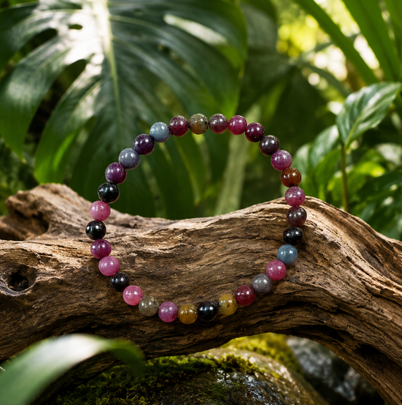 Un bracelet de perles multicolores est délicatement posé en cercle sur une branche de bois flotté aux textures rugueuses et naturelles. À l’arrière-plan, de grandes feuilles vertes de monstera, légèrement floues, créent une ambiance tropicale et apaisante. La lumière douce met en valeur les reflets brillants des perles et les détails organiques du bois et de la mousse environnante.