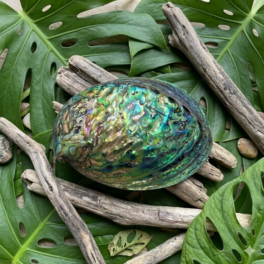 Une vue de l'extérieur d'une coquille d'ormeau aux reflets nacrés arc-en-ciel, dominée par le bleu, le vert et l'argenté. Elle est disposée au centre d'un cadre géométrique formé par des branches de bois flotté gris clair et des feuilles de Monstera vert foncé. L'ensemble repose sur un fond naturel parsemé de petits galets et de graines séchées.