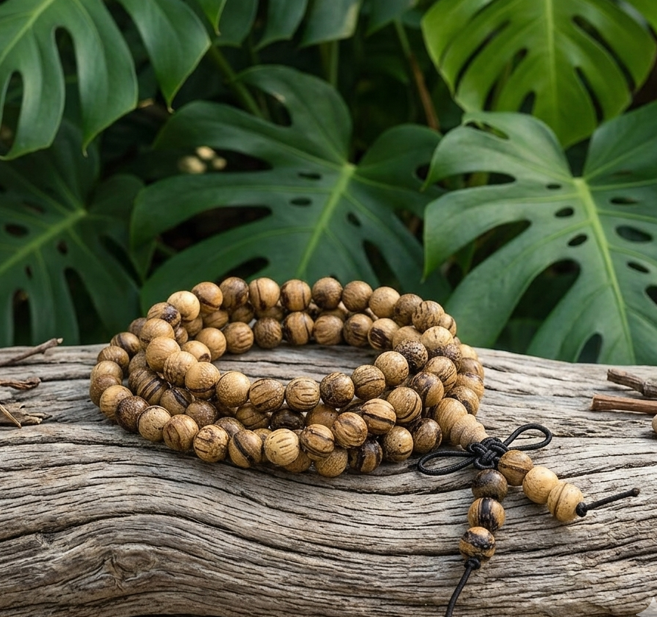 Un long mala composé de nombreuses perles en bois brun clair est enroulé sur lui-même, formant plusieurs spires compactes. Il repose sur un morceau de bois flotté gris et texturé. L'arrière-plan est formé d'un feuillage dense et vert de grandes feuilles de Monstera, créant une ambiance naturelle.