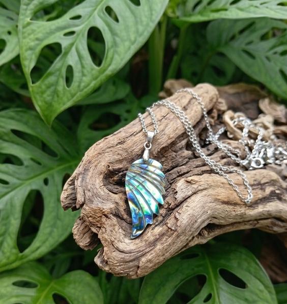 Un pendentif en nacre ciselée, aux reflets irisés allant du bleu au vert, est posé sur un morceau de bois flotté. Une fine chaîne en argent serpente sur le bois et se prolonge sur la droite. Le tout est entouré de grandes feuilles vertes et découpées d'une plante Monstera, formant un décor végétal.