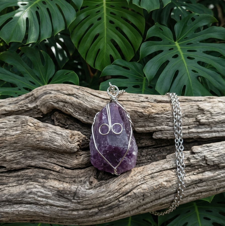 Pendentif en améthyste brute violette avec monture en fil d'argent torsadé, posé sur un tronc de bois sec et texturé. Une chaîne en maille argentée est également posée sur le bois. L'arrière-plan est composé de grandes feuilles vertes de Monstera