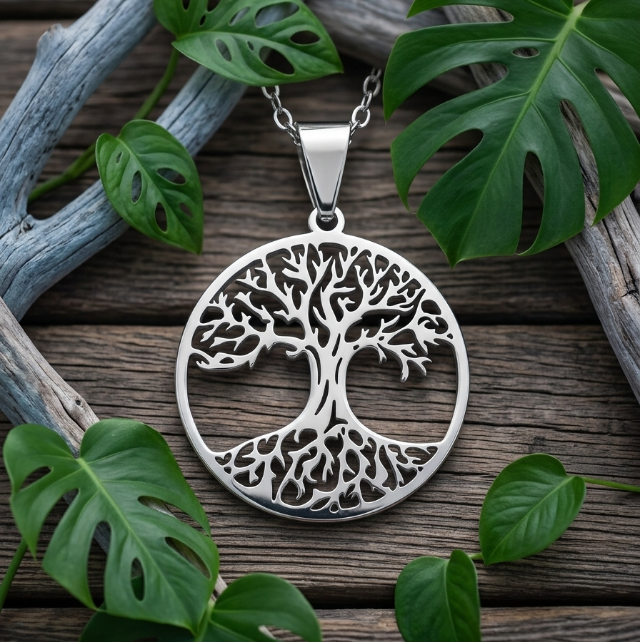 Un pendentif argenté de l'Arbre de Vie, fin et ajouré, repose au centre de la photo. Il est entouré de feuilles vertes de Monstera et de morceaux de bois flotté gris, posés sur un fond de planches de bois foncées. La lumière douce met en valeur les reflets métalliques du bijou et les textures naturelles.