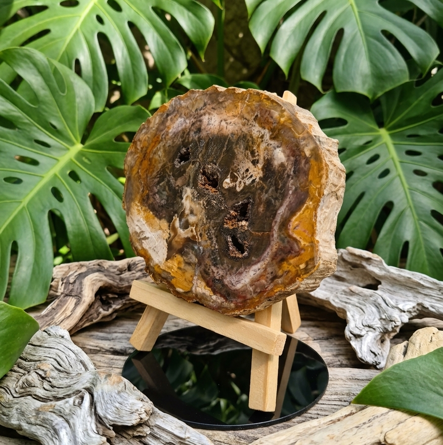 Tranche de bois pétrifié de forme circulaire, aux motifs complexes marron, beige et jaune, posée sur un mini-chevalet en bois. L'objet est placé sur une surface réfléchissante, entouré de morceaux de bois flotté et de grandes feuilles de Monstera vert vif.