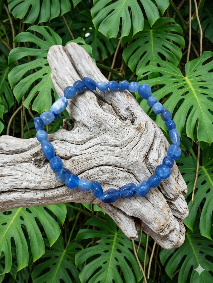 Cette image présente un bracelet en perles de pierres cyanite, posé en premier plan sur un morceau de bois flotté texturé et blanchi. L'ensemble s'détache sur un arrière-plan dense composé de grandes feuilles vertes et découpées de monstera.