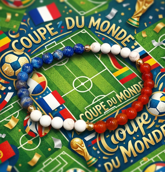 Un bracelet de perles rondes repose sur un fond vert décoré de symboles de football, célébrant la Coupe du Monde. Le bracelet est composé de perle bleue, blanches et oranges. Des perles d'espacement dorées et des petits éléments décoratifs dorés séparent les groupes de couleurs. Le fond présente une illustration de terrain de football avec des lignes blanches. Divers éléments y sont disposés, notamment des ballons de football décorés de drapeaux français et de différentes nations, des petits drapeaux français flottants, des confettis dorés et argentés et deux répliques du trophée de la Coupe du Monde. Le texte doré "COUPE DU MONDE" est écrit en haut et en bas dans des styles variés. L'image donne une sensation de mouvement et de célébration, avec une focalisation sur le bracelet au centre.