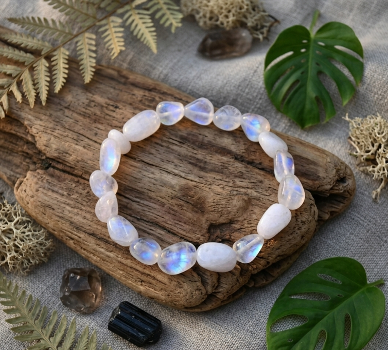 Un bracelet en péristérite, parsemé de reflets bleutés, repose sur un morceau de bois flotté texturé. Il est entouré de grandes feuilles vertes de Monstera et de petits cristaux de quartz, disposés sur un tissu gris clair. Des brindilles de lichen et des fougères séchées complètent cette composition naturelle et apaisante.