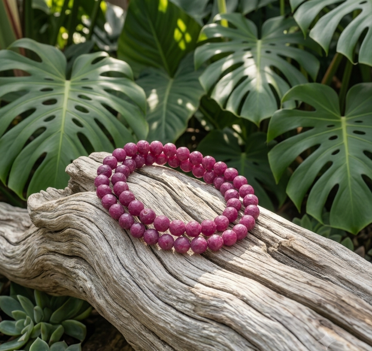 Photo de produit : un bracelet double rang en véritable rubis naturel facetté reposant sur une branche de bois flotté texturée. En arrière-plan, un décor botanique luxuriant avec de grandes feuilles de Monstera et des succulentes. Les perles de rubis affichent une teinte rose-rouge vibrante et une surface chatoyante grâce aux multiples facettes.
